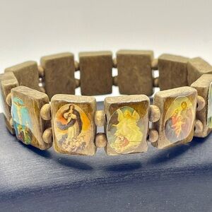 Wooden Religious Elastic Bracelet with Catholic Saints, Mother Mary, and Jesus.